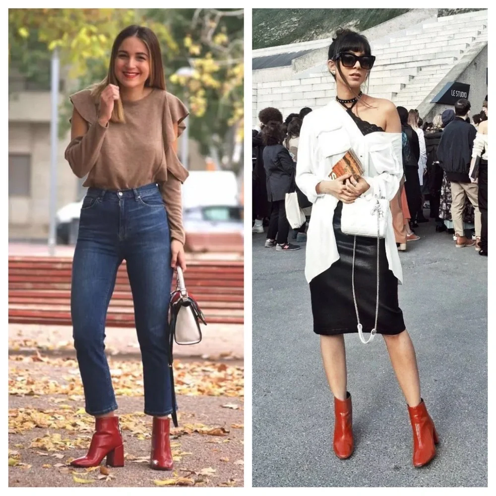 Zara Bloggers Favorite Retro Red Crinkled Patent Leather Block Heel Ankle Boots